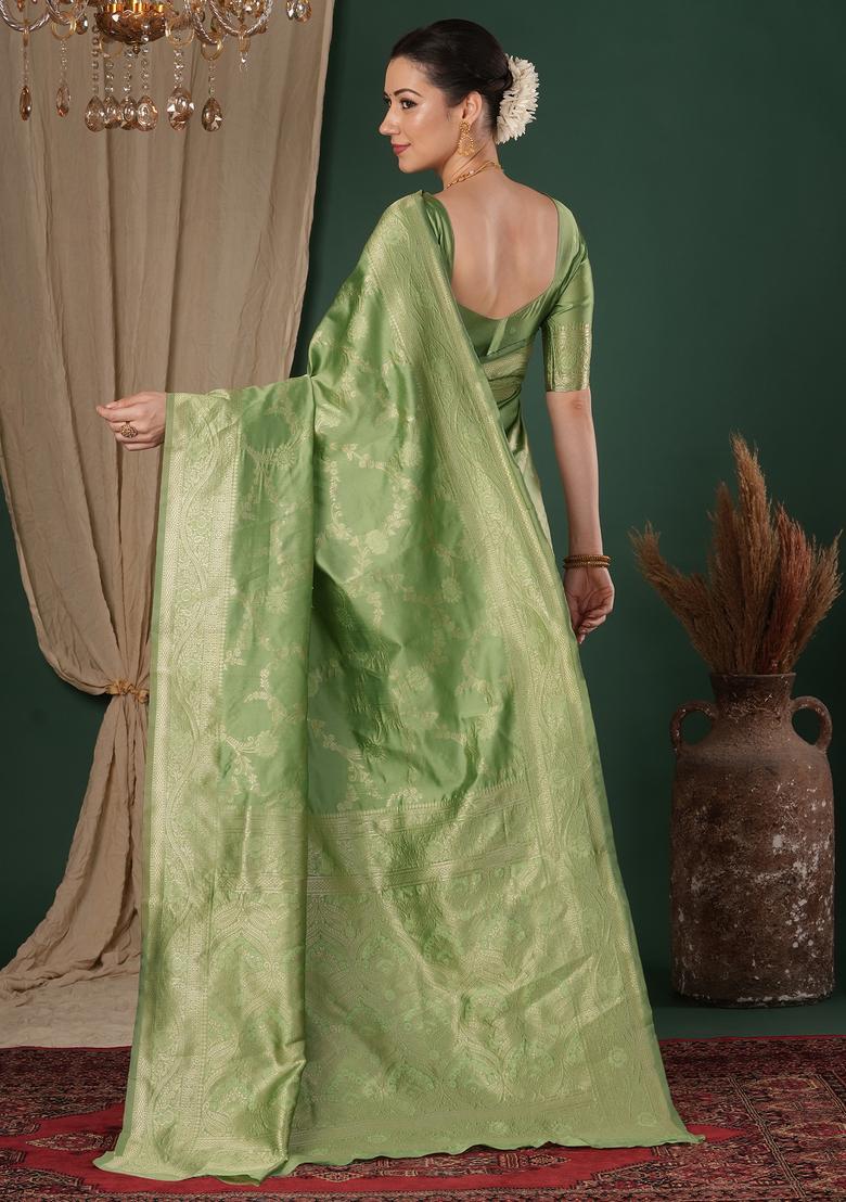 Light Green Woven Design Silk Saree Set - Indya