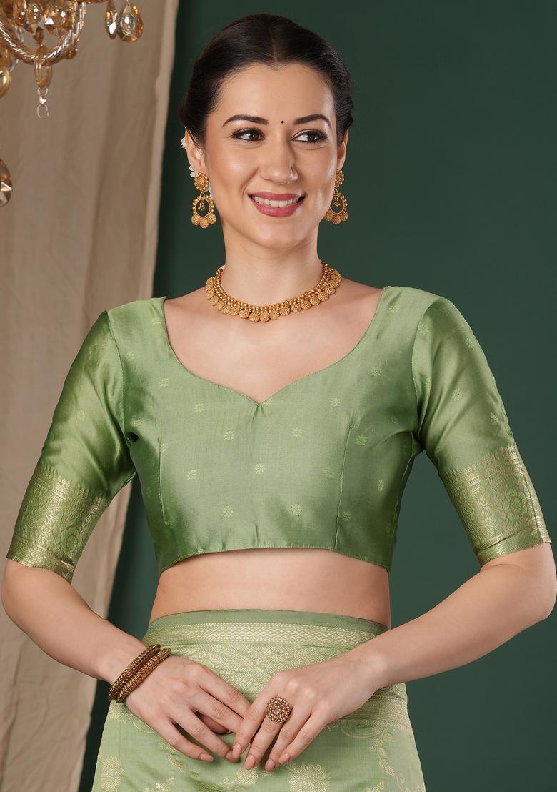 Light Green Woven Design Silk Saree Set - Indya