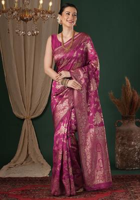 Pink Woven Design Silk Saree Set