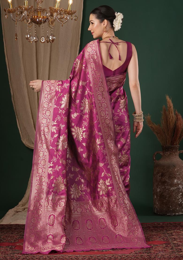 Pink Woven Design Silk Saree Set - Indya