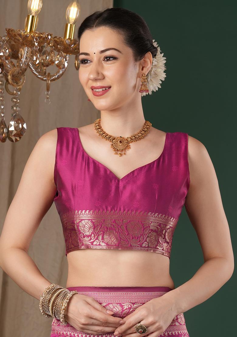Pink Woven Design Silk Saree Set - Indya