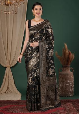 Black Woven Design Silk Saree Set