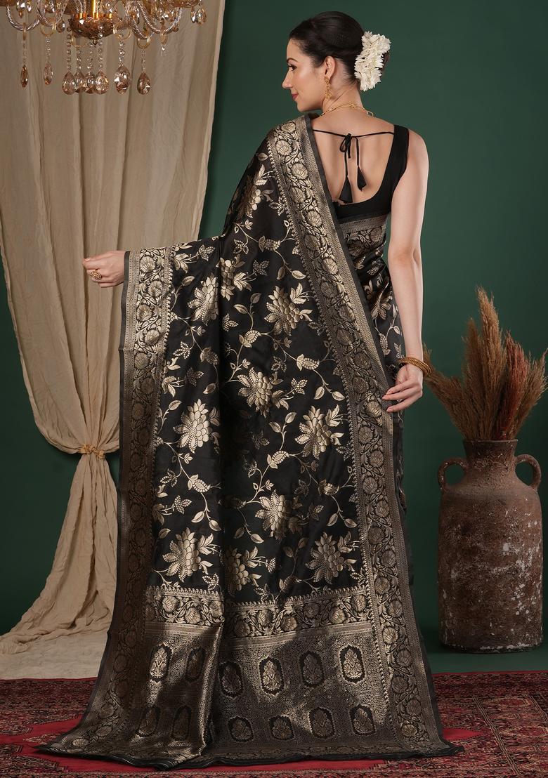 Black Woven Design Silk Saree Set - Indya