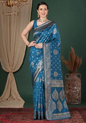 Teal Blue Woven Design Silk Saree Set