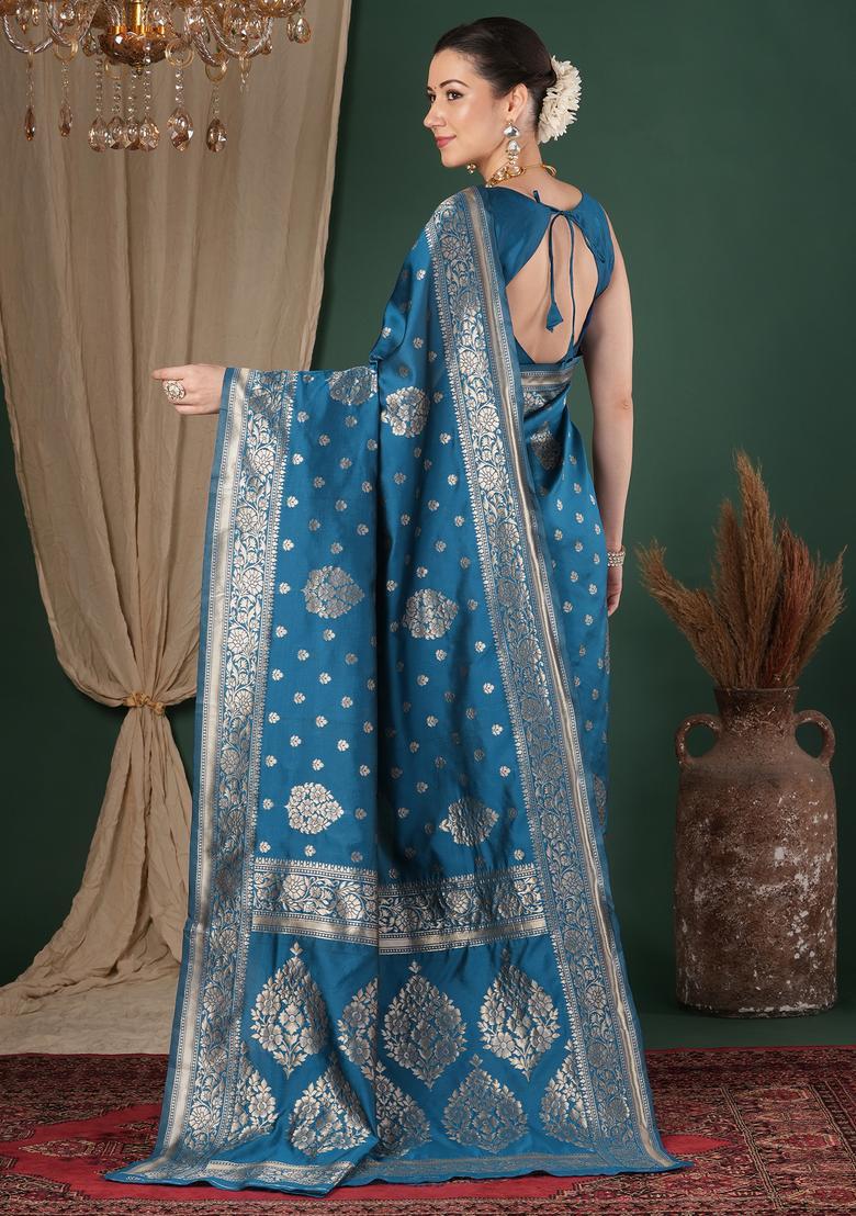 Teal Blue Woven Design Silk Saree Set - Indya