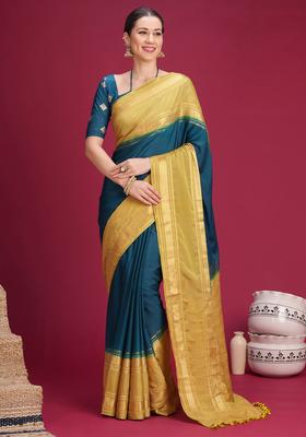 Teal Blue Woven Design Silk Saree Set
