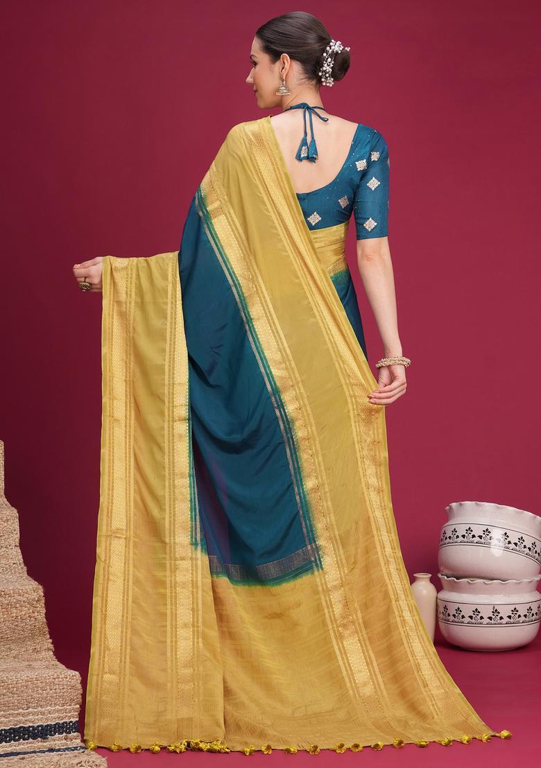 Teal Blue Woven Design Silk Saree Set - Indya