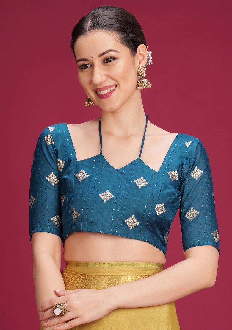 Teal Blue Woven Design Silk Saree Set - Indya