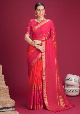 Pink Woven Design Silk Saree Set