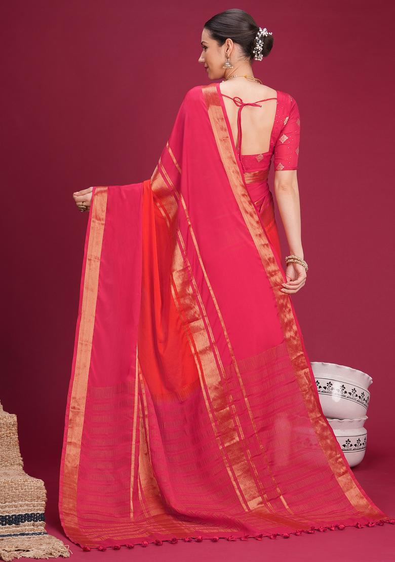 Pink Woven Design Silk Saree Set - Indya