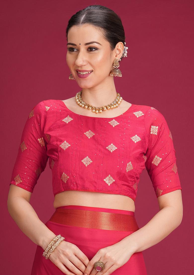 Pink Woven Design Silk Saree Set - Indya
