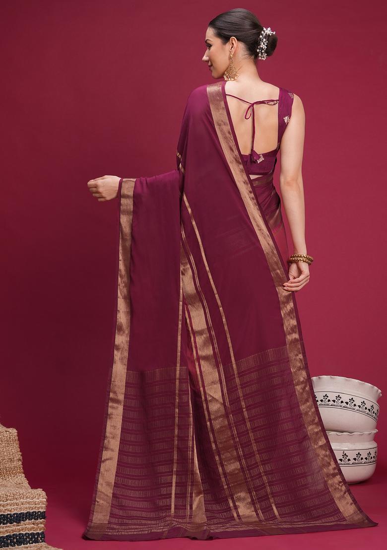 Wine Woven Design Silk Saree Set - Indya