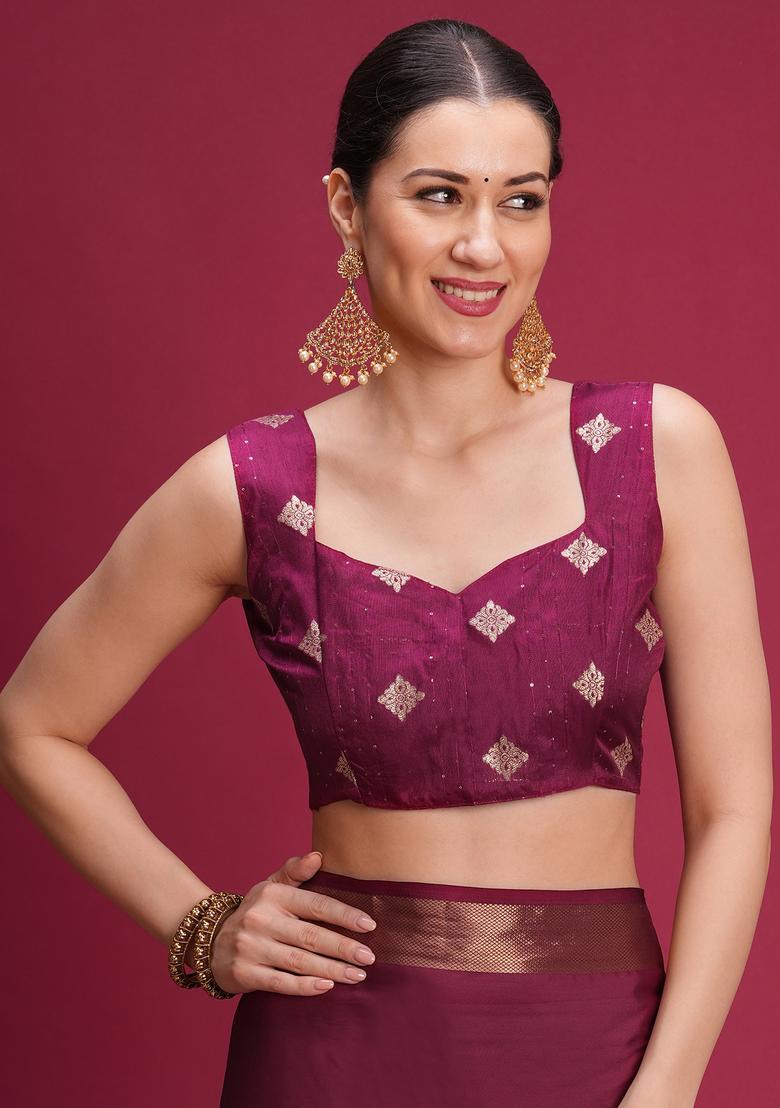 Wine Woven Design Silk Saree Set - Indya