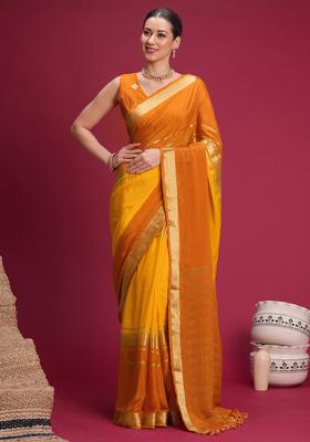 Mustard Woven Design Silk Saree Set