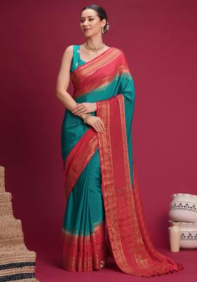 Teal Green Woven Design Silk Saree Set