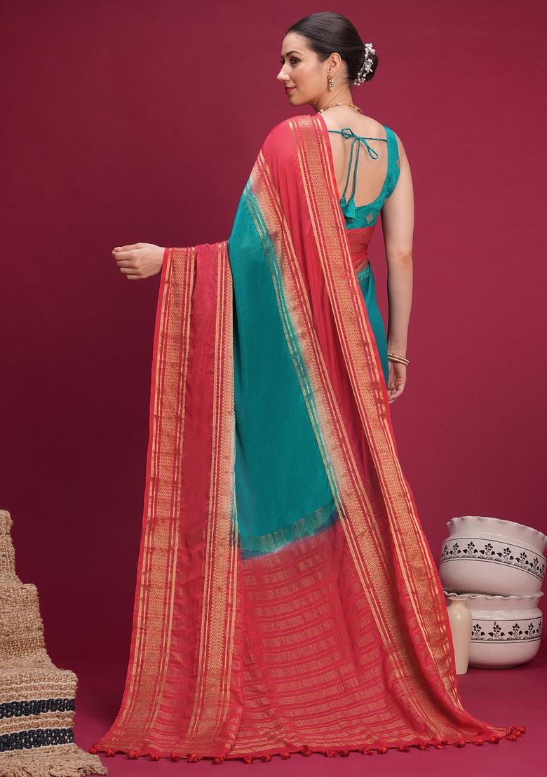 Teal Green Woven Design Silk Saree Set - Indya