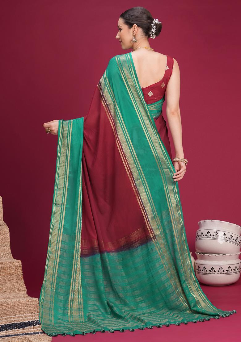 Maroon Woven Design Silk Saree Set - Indya