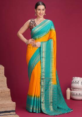 Mustard Woven Design Silk Saree Set