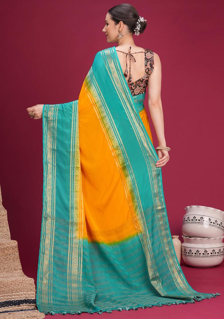 Mustard Woven Design Silk Saree Set - Indya