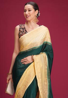 Dark Green Woven Design Silk Saree Set