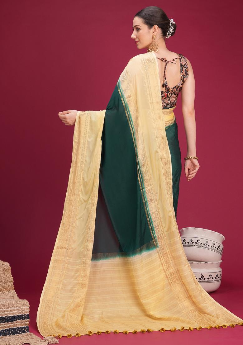 Dark Green Woven Design Silk Saree Set - Indya