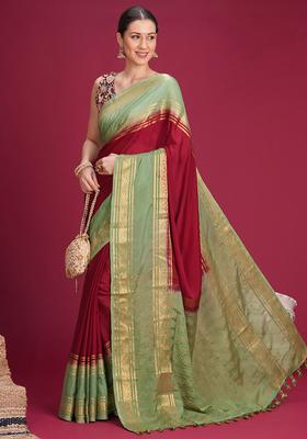 Maroon Woven Design Silk Saree Set