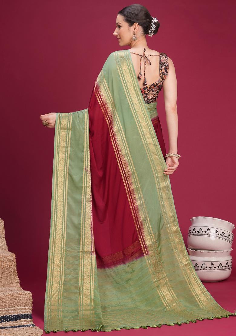 Maroon Woven Design Silk Saree Set - Indya