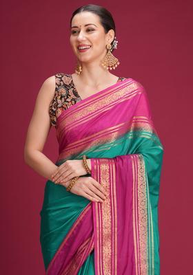 Teal Green Woven Design Silk Saree Set