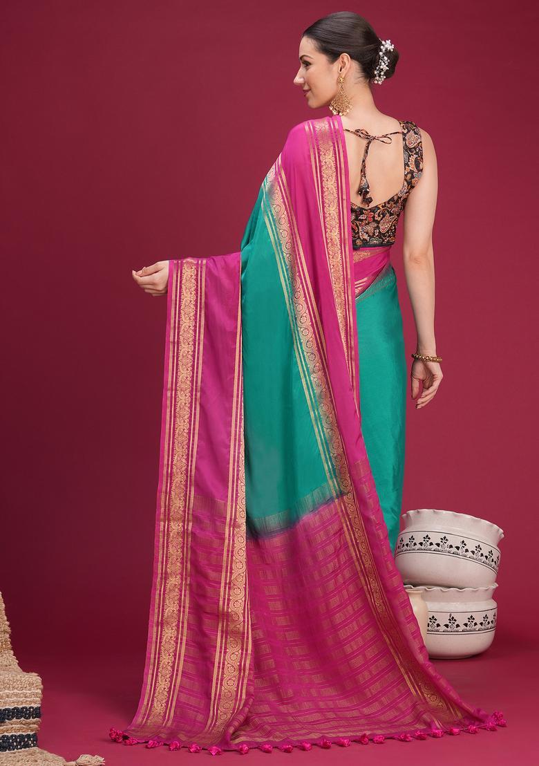 Teal Green Woven Design Silk Saree Set - Indya