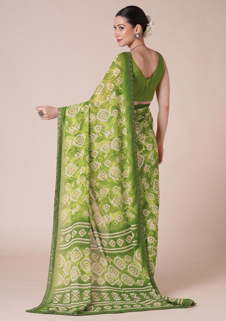 Light Green Printed Georgette Saree Set - Indya