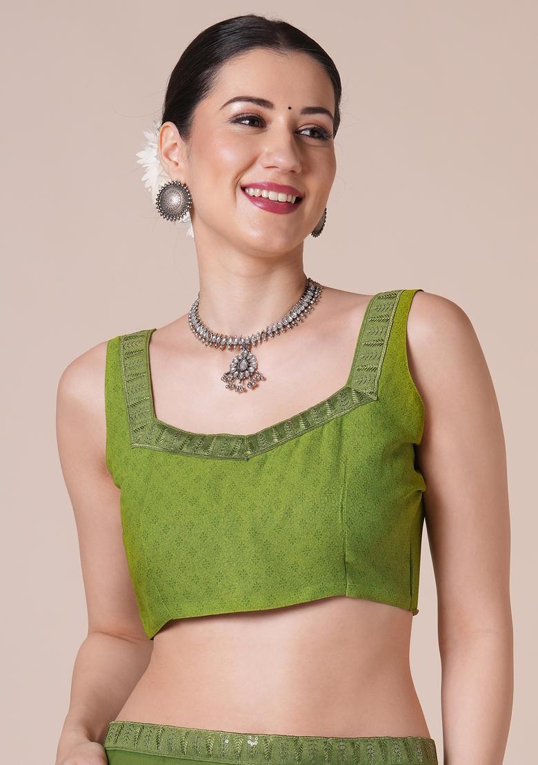 Light Green Printed Georgette Saree Set - Indya