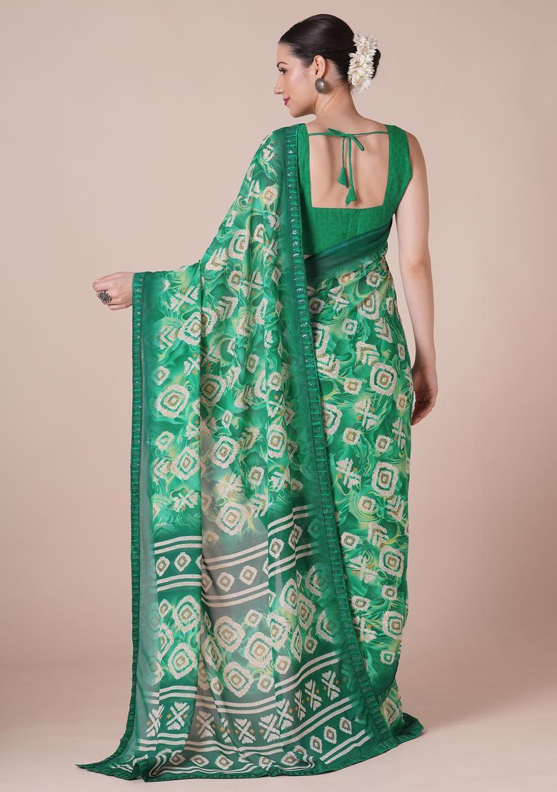 Teal Green Printed Georgette Saree Set - Indya