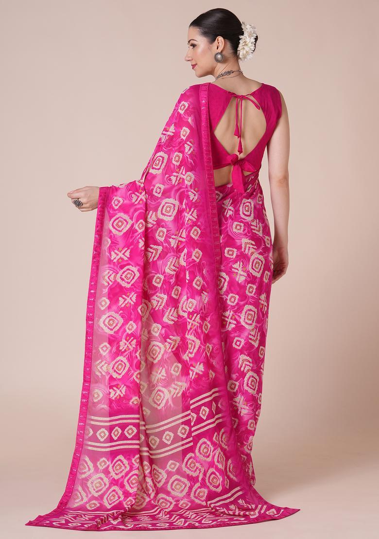 Pink Printed Georgette Saree Set - Indya