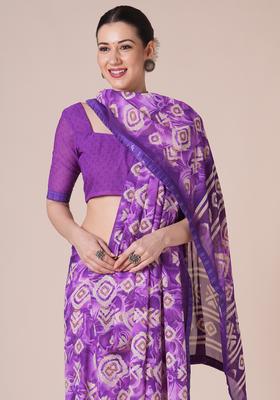 Purple Printed Georgette Saree Set