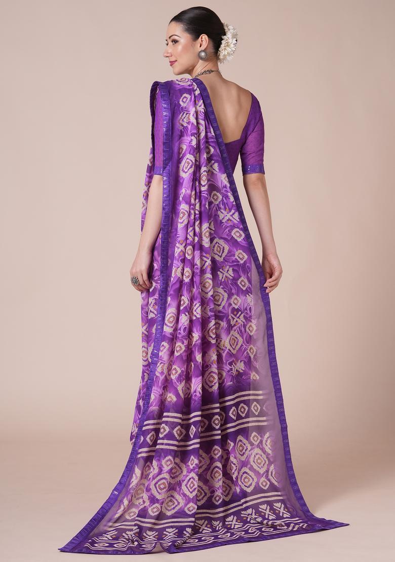 Purple Printed Georgette Saree Set - Indya