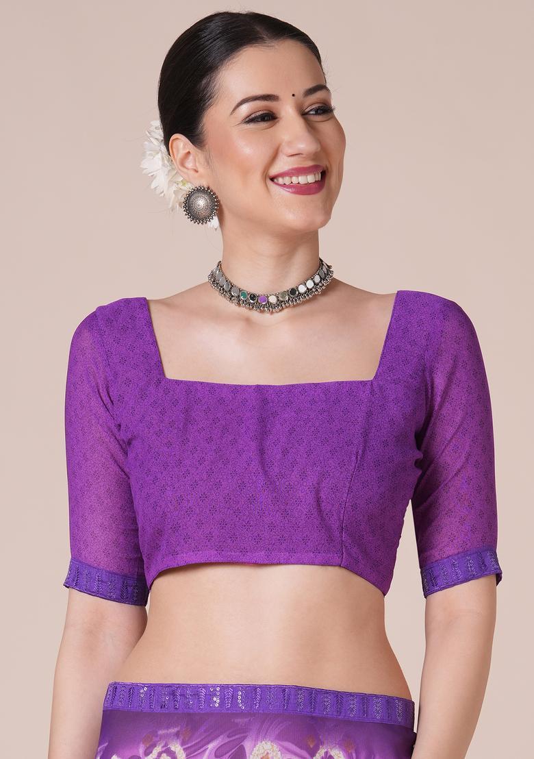 Purple Printed Georgette Saree Set - Indya