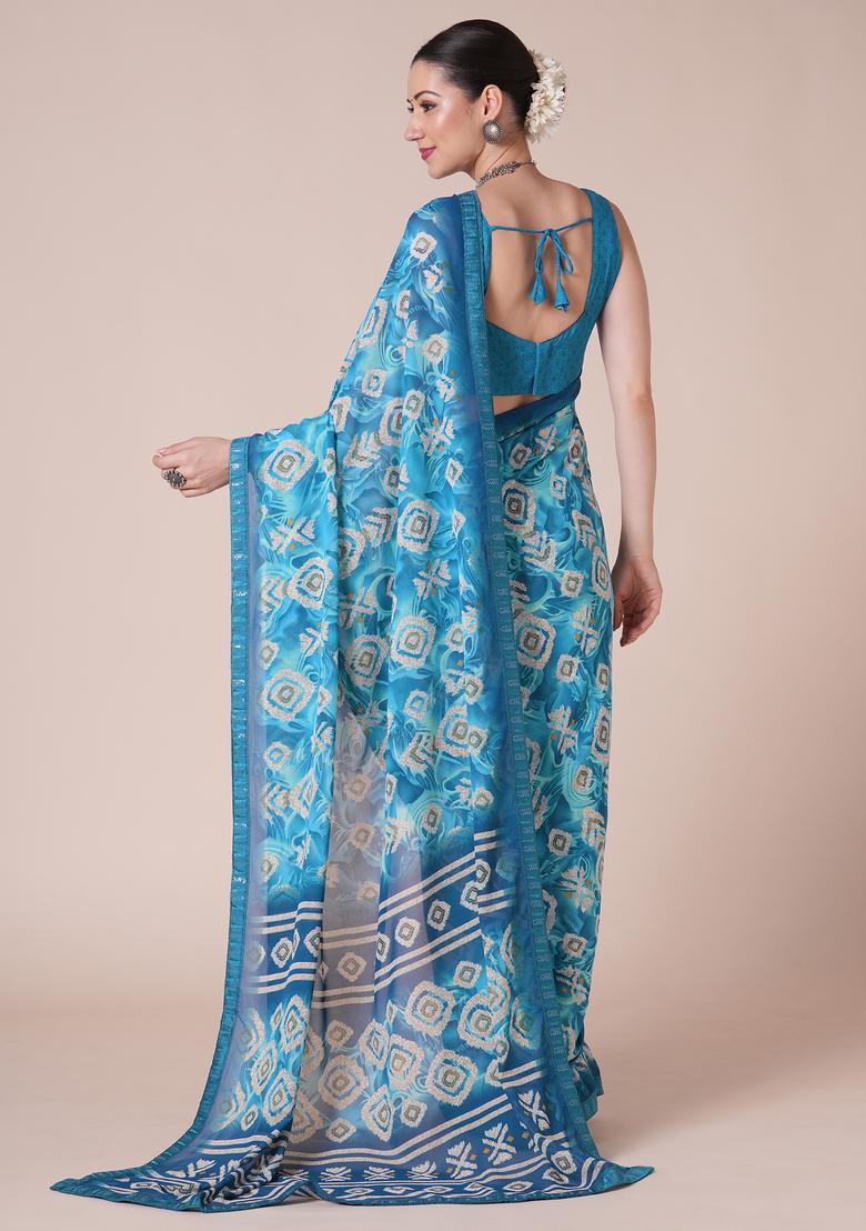 Light Blue Printed Georgette Saree Set - Indya