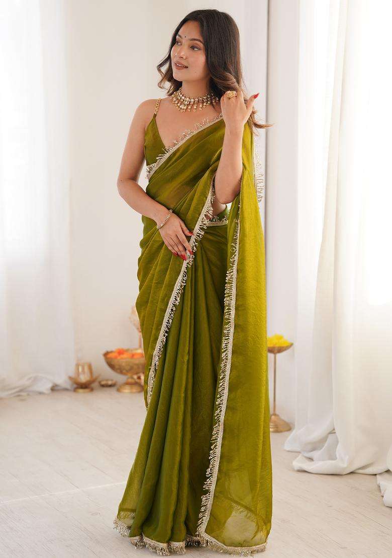 Olive Embellished Satin Saree Set for Diwali | Wedding & Festive Wear - Indya
