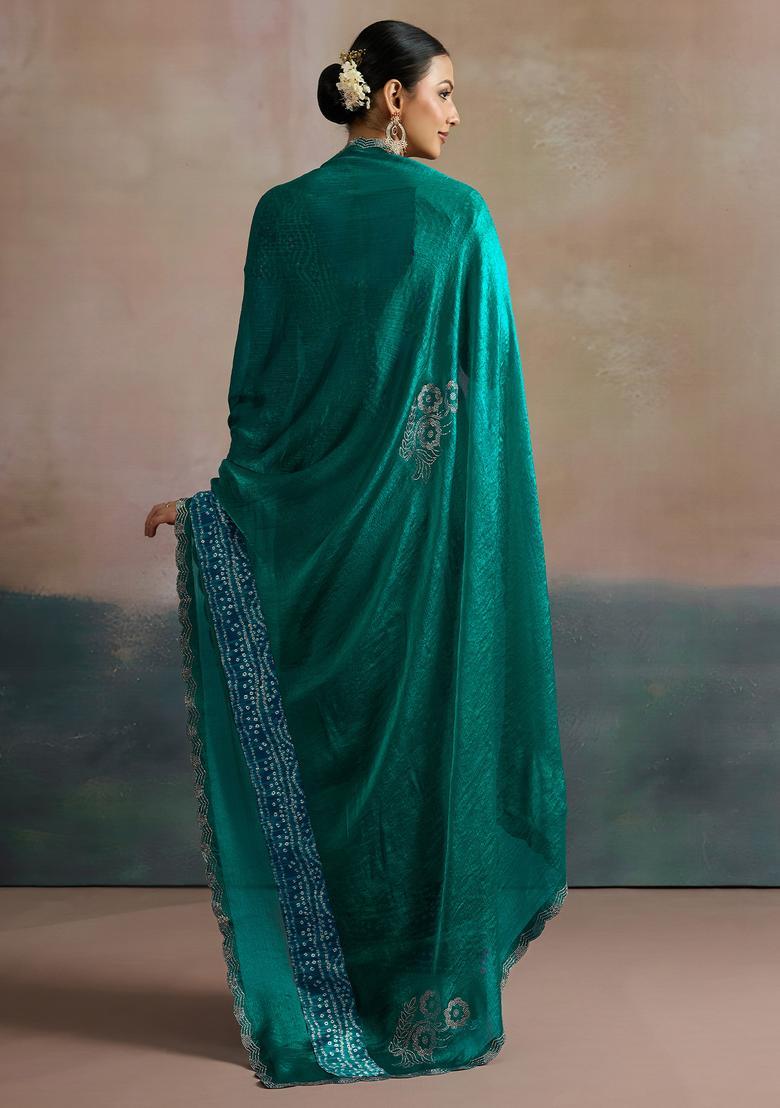Teal Blue Embellished Chiffon Saree Set - Indya