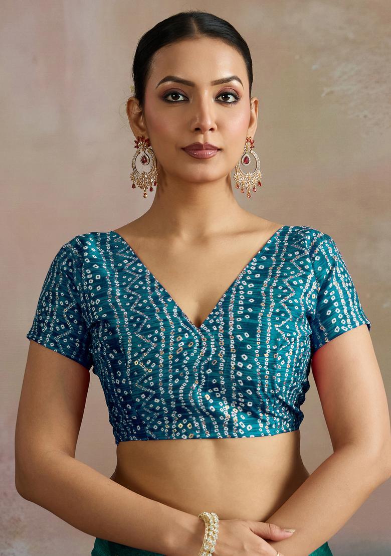 Teal Blue Embellished Chiffon Saree Set - Indya