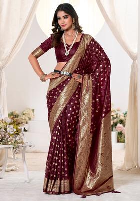 Maroon Woven Design Silk Saree Set