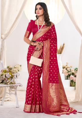 Pink Woven Design Silk Saree Set