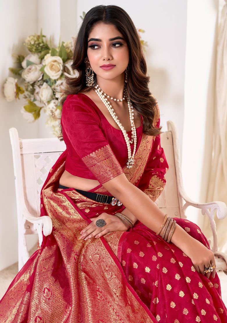 Pink Woven Design Silk Saree Set - Indya