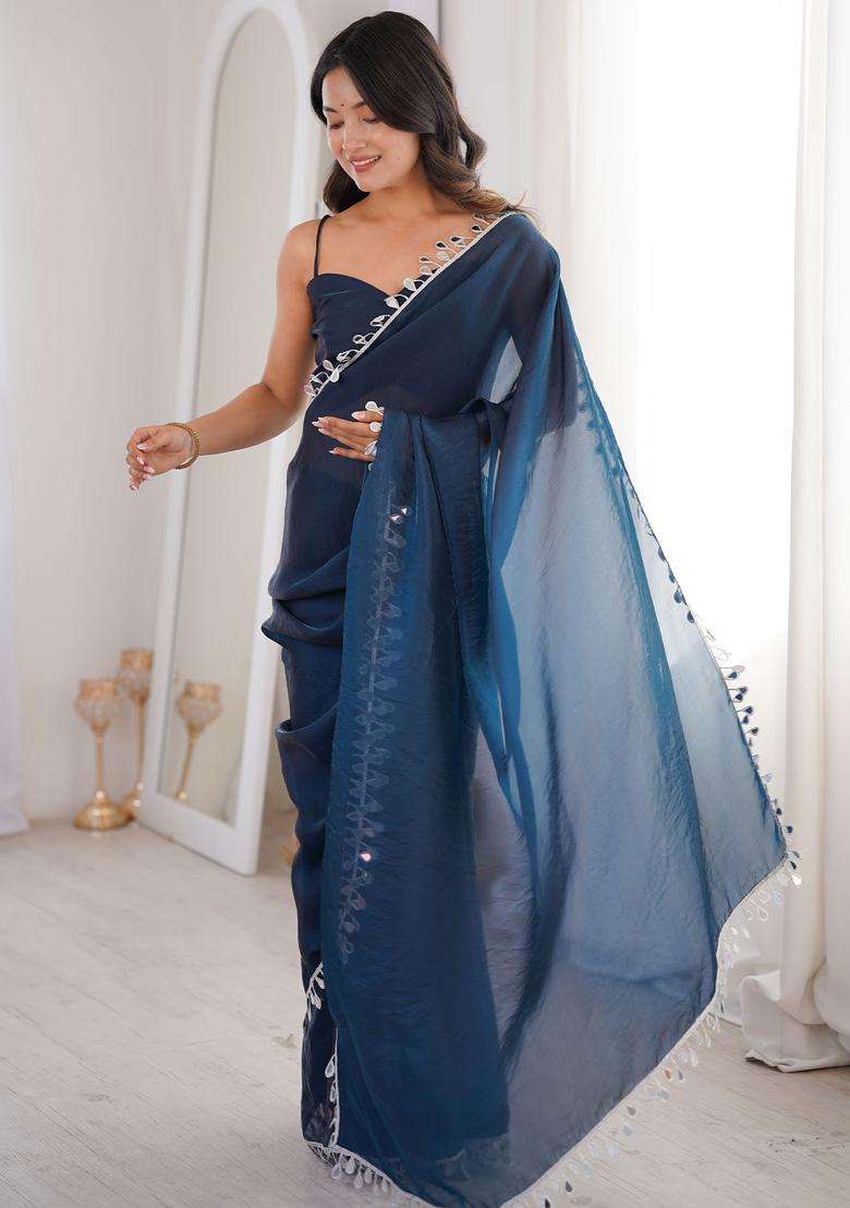 Teal Blue Solid Satin Saree Set for Diwali | Wedding & Festive Wear - Indya