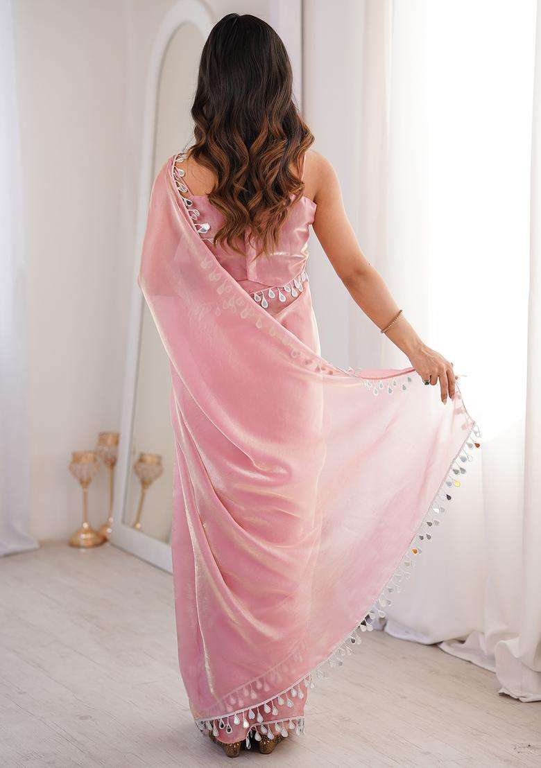 Pink Solid Satin Saree Set - Indya