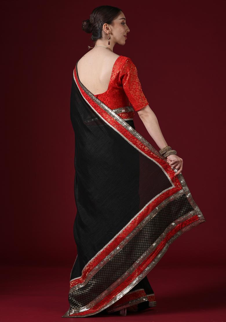 Black Woven Design Silk Saree Set - Indya