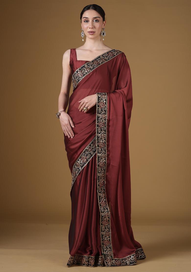 Maroon Embellished Georgette Saree Set - Indya