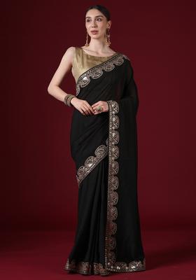 Black Embellished Silk Saree Set