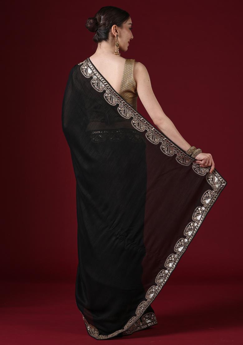 Black Embellished Silk Saree Set - Indya