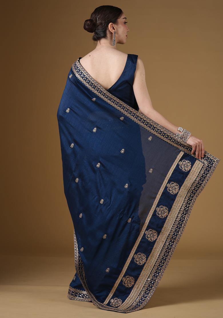 Teal Blue Embellished Silk Saree Set - Indya